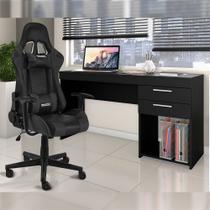 Kit Cadeira Gamer Reclinável Moob GT Racer Com Mesa Escrivaninha 2 Gavetas Preta