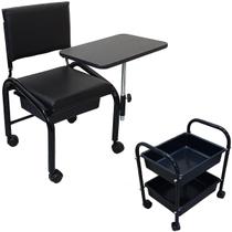 Kit Cadeira Manicure Pedicure - c/ Mesinha e Gaveta - Cirandinha + Carrinho Porta Esmalte, Auxiliar Manicure - 2 Bandejas