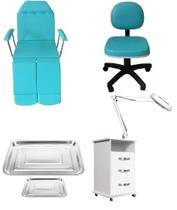 Kit Cadeira Podologia Mocho Armário Luminária com Exaustor Bandejas Resíduo e Instrumentais Fiscomed