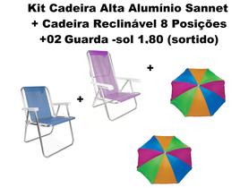 Kit Cadeira Praia Aluminio+Cadeira Reclinável +02 Guarda Sol 1,80