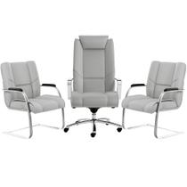 Kit Cadeira Presidente Com 02 Cadeiras Fixas New Onix F02 Tecido Sintético Cinza - Lyam Decor