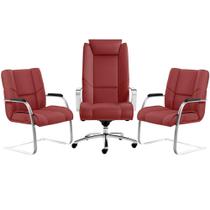 Kit Cadeira Presidente Com 02 Cadeiras Fixas New Onix F02 Tecido Sintético Vermelho - Lyam Decor