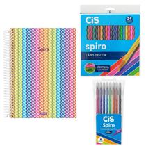 Kit Caderno 10 matérias + 8 Caneta Spiro + Lápis de Cor