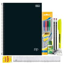 Kit Caderno 10 Matérias Capa Dura Tilibra + Canetas Corretivo Borracha Apontador Lápis Régua Escolar Universitário 12pcs