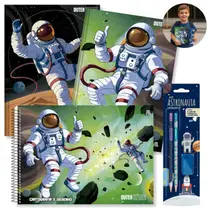 Kit Caderno Astronauta Brochura 2un + Caderno de Desenho Capa Dura com Kit Escolar 4pcs Universo Desenho:Kit 1 Kit Caderno Astronauta Brochura 2un + Caderno de Desenho Capa Dura com Kit Escolar 4pcs Universo Desenho:Kit 1