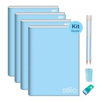 Kit Caderno Brochura Capa Dura 80 folhas 4un Stilo Azul Pastel + Kit Lápis Borracha Apontador tons Pastéis Escolar
