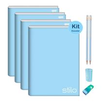Kit Caderno Brochura Capa Dura 80 folhas 4un Stilo Azul Pastel + Kit Lápis Borracha Apontador tons Pastéis Escolar