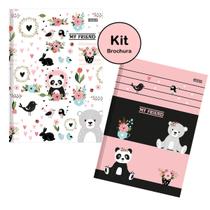 Kit Caderno Brochura Capa Dura Grande Panda Ursinhos 2un 80 fls Rosa Pastel e Preto Escolar Ensino Fundamental Infantil