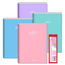 Kit Caderno Brochura Grande Capa Dura 4 Cores 80fls Tom Pastel + Kit Escolar Lápis Borracha Apontador Rosa Pastel Faber