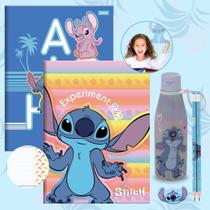 Kit Caderno Brochura Stitch Grande Capa Dura 80 Folhas 2un + Kit Escolar Lápis Borracha e Garrafinha Stitch Disney