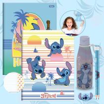 Kit Caderno Brochura Stitch Grande Capa Dura 80 Folhas 2un + Kit Escolar Lápis Borracha e Garrafinha Stitch Disney