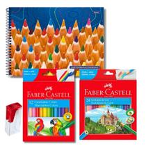 Kit caderno cartografia desenho capa dura 96fls canetinha hidrográfica com 12 cores lapis de colorir 24 cores apontador tradicional faber
