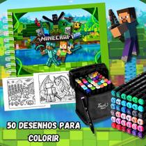 Kit Caderno De Colorir Bobbie Goods Original MINECRAFT AZUL + Canetinhas Ponta Dupla 36 Cores