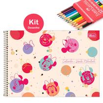 Kit Caderno de Desenho Minnie Disney 80 Fls Capa Dura com Adesivo Tilibra + Lápis de Cor Faber 12 Cores Escolar Infantil