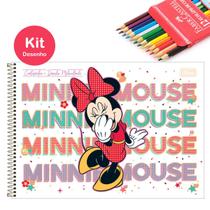 Kit Caderno de Desenho Minnie Disney 80 Fls Capa Dura com Adesivo Tilibra + Lápis de Cor Faber 12 Cores Escolar Infantil