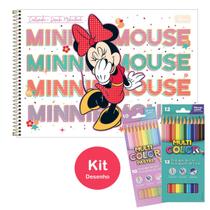 Kit Caderno de Desenho Minnie Disney 80 Fls Capa Dura com Adesivo Tilibra + Lápis de Cor Faber 22 Cores Escolar Infantil