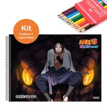 Kit Caderno de Desenho Naruto Shippuden 60 folhas Capa Dura São Domingos + Lápis de Cor Faber 12 Cores Escolar Infantil