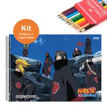 Kit Caderno de Desenho Naruto Shippuden 60 folhas Capa Dura São Domingos + Lápis de Cor Faber 12 Cores Escolar Infantil