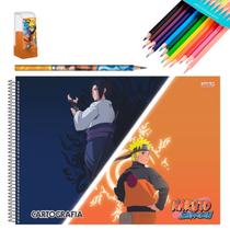 Kit Caderno de Desenho Naruto Shippuden 60fls Capa Dura Adesivos com Lápis de Cor Faber-Castell Lápis e Apontador