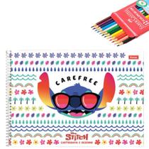 Kit Caderno de Desenho Stitch Disney 80 Fls Capa Dura Foroni + Lápis de Cor Faber 12 Cores Escolar Ensino Fundamental