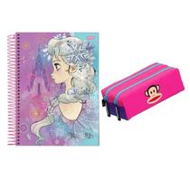 Kit Caderno Escolar Espiral 200 Folha Frozen e Estojo