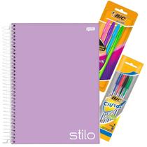Kit Caderno Espiral 10m Capa Dura 160 fls Lilás Pastel + Kit 8 Canetas Coloridas BIC Escolar Colegial Universitário Kit Caderno Espiral 10m Capa Dura 160 fls Lilás Pastel + Kit 8 Canetas Coloridas BIC Escolar Colegial Universitário