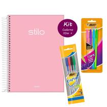 Kit Caderno Espiral 10m Capa Dura 160 fls Rosa Pastel + Kit 8 Canetas Coloridas BIC Fashion Escolar Ensino Médio