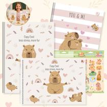 Kit Caderno Grande Capivara Brochura Capa Dura Kit 2un com Pauta + Caderno Desenho 60fls Escolar para Ensino Fundamental