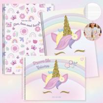 Kit Caderno Grande Unicórnio Brochura Capa Dura Kit 2un com Pauta + Caderno Desenho 60fls Escolar Ensino Fundamental