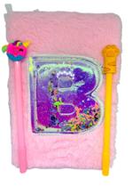 Kit Caderno Letra colorido Pelúcia Gliter Escolar Fofo ACOMPANHA 2 Canetas Volta As Aulas