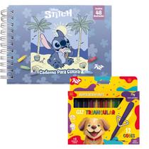Kit caderno para colorir Stitch com giz de cera 12 cores
