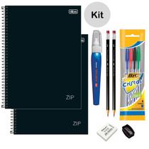 Kit Caderno Universitário Capa Dura Preto 80fls 2un Tilibra + Kit Escolar Caneta BIC Borracha Apontador Corretivo Caneta