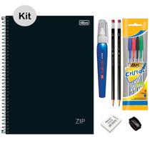 Kit Caderno Universitário Capa Dura Preto 80fls + Kit Escolar Caneta BIC 4 Cores Borracha Apontador e Corretivo Caneta