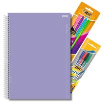 Kit Caderno Universitário Espiral 1 Matéria 80 Folhas Capa Dura Lilás ou Rosa Pastel + Kit 8 Canetas Coloridas BIC