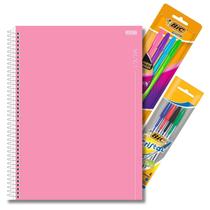 Kit Caderno Universitário Espiral 1 Matéria 80 Folhas Capa Dura Lilás ou Rosa Pastel + Kit 8 Canetas Coloridas BIC