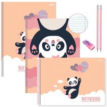 Kit Caderno Urso Panda Brochura 2un 80 Folhas + Desenho 60 Folhas Capa Dura Escolar para Ensino Infantil e Fundamental