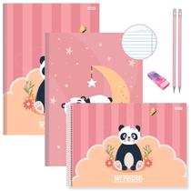 Kit Caderno Urso Panda Brochura 2un 80 Folhas + Desenho 60 Folhas Capa Dura Escolar para Ensino Infantil e Fundamental