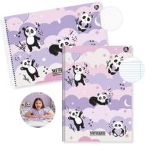 Kit Caderno Urso Panda Brochura 80 Folhas e Desenho 60 Folhas Capa Dura Escolar para Ensino Infantil e Fundamental