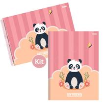 Kit Caderno Urso Panda Brochura 80 Folhas e Desenho 60 Folhas Capa Dura Escolar para Ensino Infantil e Fundamental