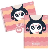 Kit Caderno Urso Panda Brochura 80 Folhas e Desenho 60 Folhas Capa Dura Escolar para Ensino Infantil e Fundamental