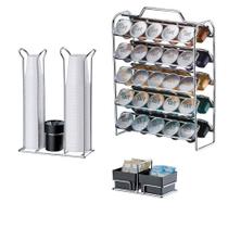 Kit Café 3 Peças Suporte 50 Cápsulas Nespresso Porta Saches Copos Duplo Cromado - Future Kit Café 3 Peças Suporte 50 Cápsulas Nespresso Porta Saches Copos Duplo Cromado - Future