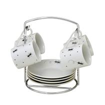 Kit café 4 Xícaras 80ml com Pires Suporte de Ferro Formiga