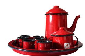 Kit café bule açucareiro bandeja 6 caneca Esmaltado Vermelho