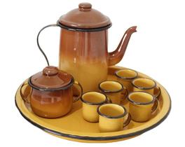 Kit café bule açucareiro bandeja 6 canecas Esmaltado Marrom Kit café bule açucareiro bandeja 6 canecas Esmaltado Marrom
