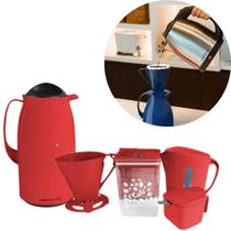 Kit Café com 6 Peças, Garrafa térmica, Leiteira, Pote Hermético pra Pó, Suporte para filtro, Açucareiro e Colher medidora