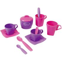 Kit Café com açucareiro, colheres, xícaras e pires de brinquedo Kit Café com açucareiro, colheres, xícaras e pires de brinquedo