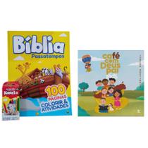 Kit Café com Deus Pai kids devocional para crianças + Livro Bíblia passatempos Colorir E Atividades com giz de cera