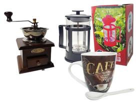 Kit café com Moedor, cafeteira prensa francesa 350ml e caneca de porcelana - Café e Presentes