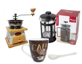 Kit café com Moedor, cafeteira prensa francesa 600ml e caneca de porcelana - Café e Presentes