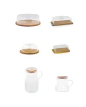 Kit Café da Manhã: 2 Jarras Vidro + Boleira + Manteigueira + Porta Frios + Porta Queijo Bambu